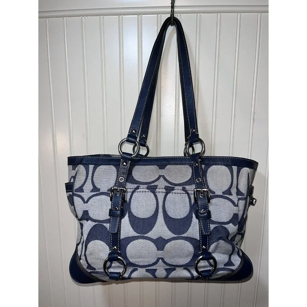Coach Signature GALLERY Tote blue Jacquard Leather Trim coach F17087